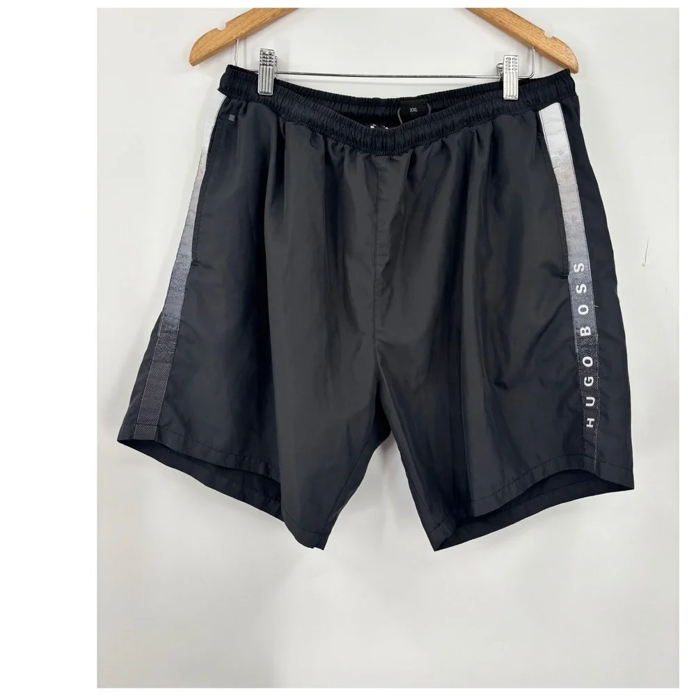 Hugo Boss Swim Shorts Mens XXL Black Silver Logo Stripe Trunks Beachwear‎